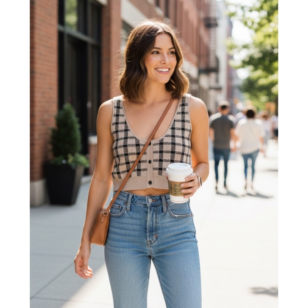 LE LIS‎ COLLECTION Plaid Knit Crop Tank Button Front Women's Size M